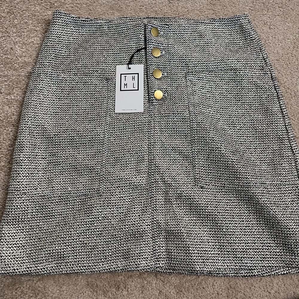 THML black, gold and white mini skirt with gold buttons
